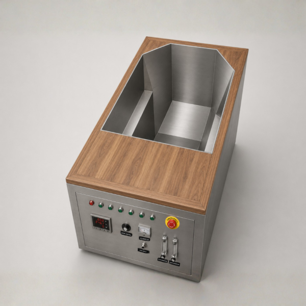 Naneau single person stainless steel nanoplasma hydrotherapy tub with walnut surround in a treatment room